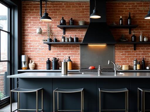 An industrial chic kitchen with exposed brick, dark cabinetry, and steel features in Fitzroy.