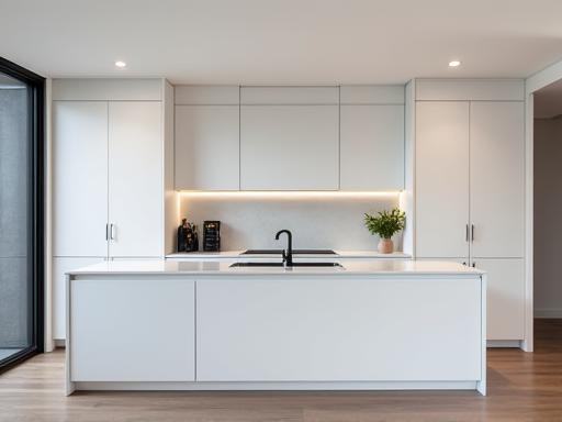A sleek minimalist kitchen with handleless cabinets in South Yarra.