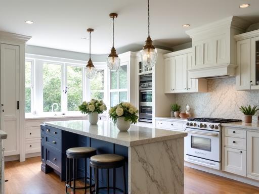 An elegant Hamptons style kitchen with shaker cabinets and a marble island in Toorak.