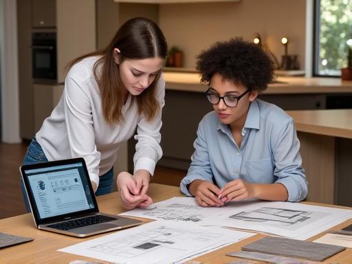 A designer and client collaborating over kitchen plans and material samples.