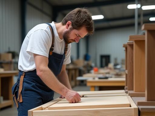 A skilled cabinet maker assembling a kitchen cabinet in a clean, modern workshop.