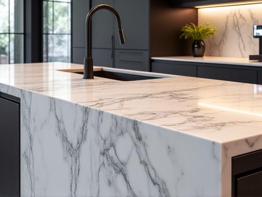 A stunning waterfall stone benchtop in a contemporary kitchen.