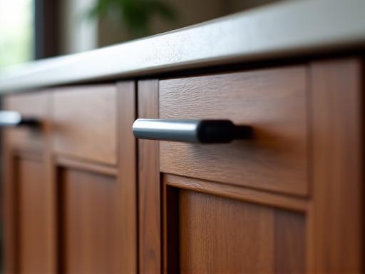 A close-up of a beautifully finished kitchen cabinet door handle.