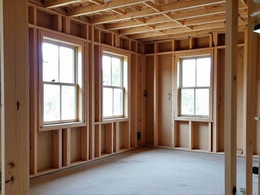 A kitchen mid-renovation showing new framework and wiring.