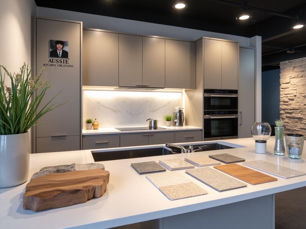 An inviting view of the Aussie Kitchen Creations showroom with material samples and kitchen displays.