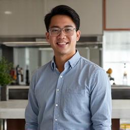 Michael Wong smiling in his renovated kitchen.